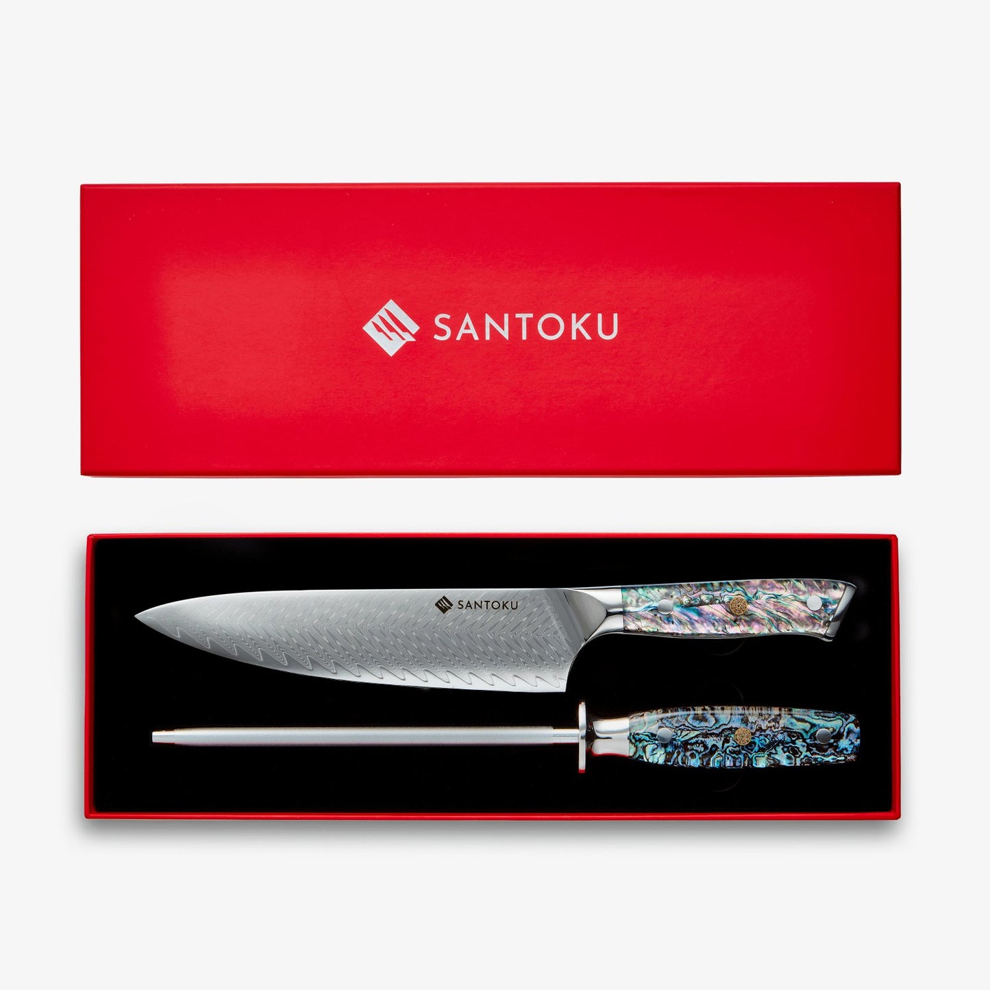 Chikashi (ちかし) Damascus Chef Knife & Steel مجموعة مع مقبض Abalone