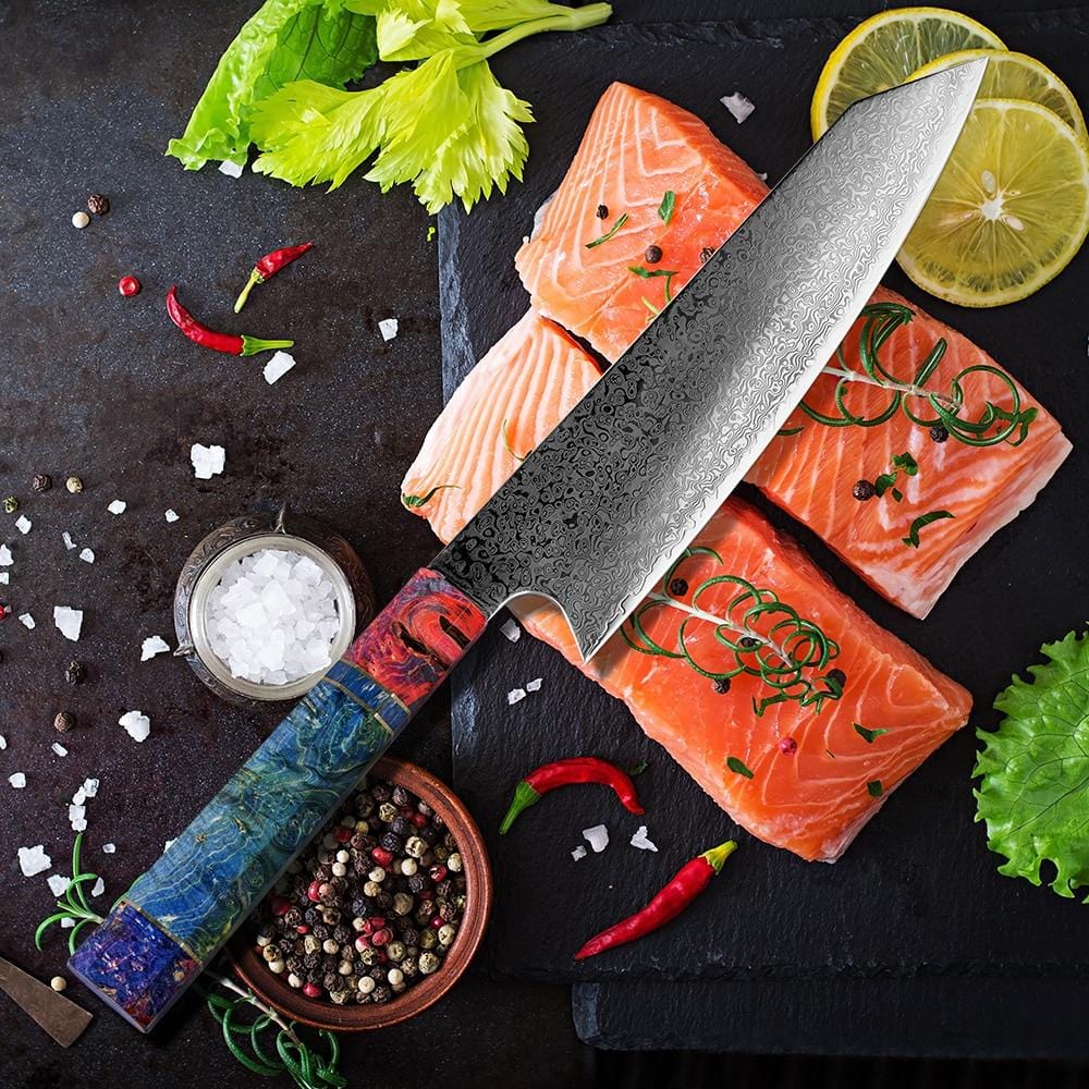 Kiritsuke (きりつけ きりつけ) Damascus Steel Sknife مع مقبض الأبنوس الملون