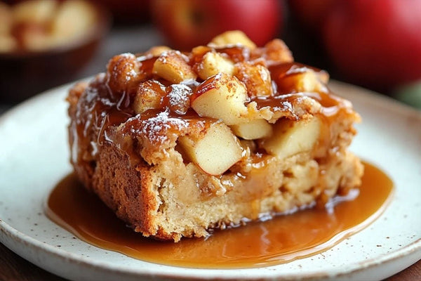 Warm Spiced Apple Bread Pudding with Caramel Drizzle