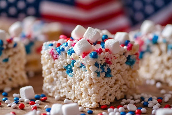 Popping Patriotic Firecracker Rice Krispies with Marshmallow Drizzle