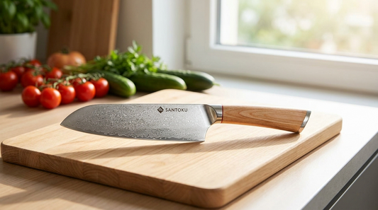 Haruta VG10 Damascus santoku knife on a board in a bright kitchen - choosing your first Japanese chef knife