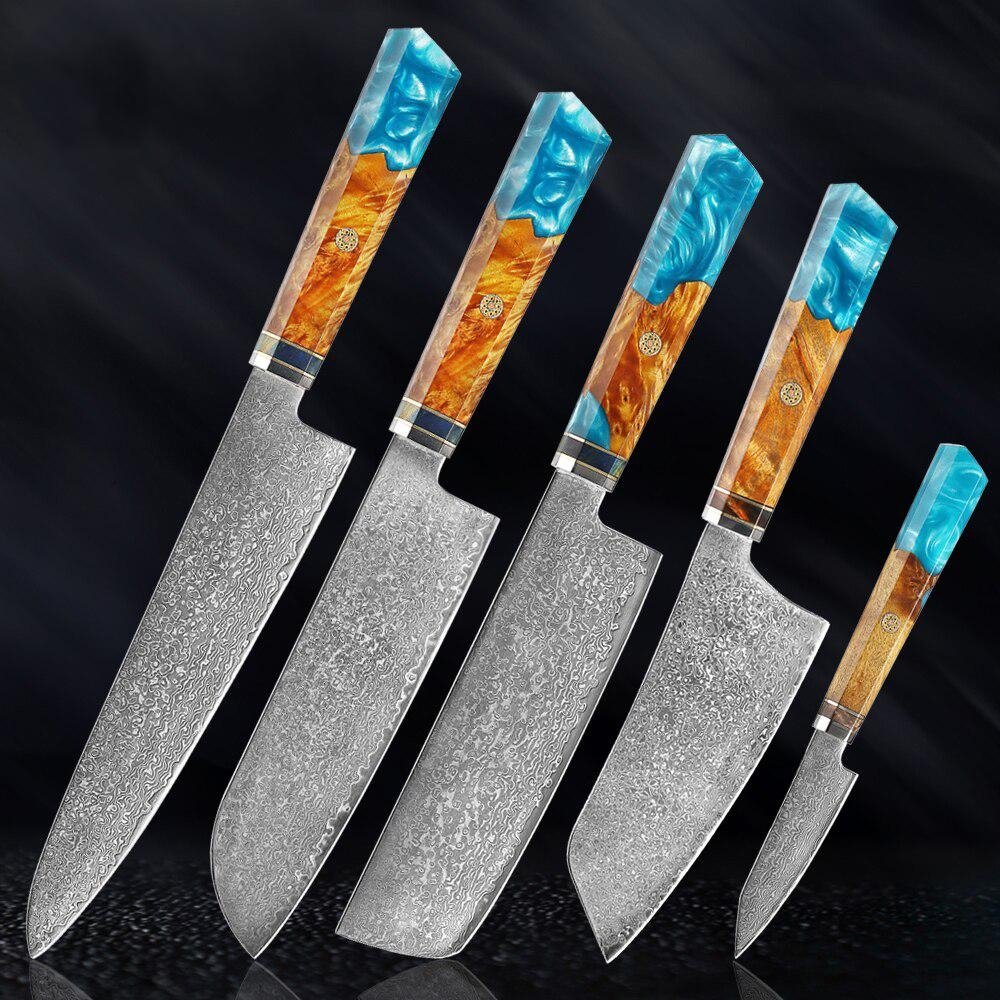 سكاكين ماكيتو دمشق الفولاذية بمقبض ملون من الراتنج الأزرق
