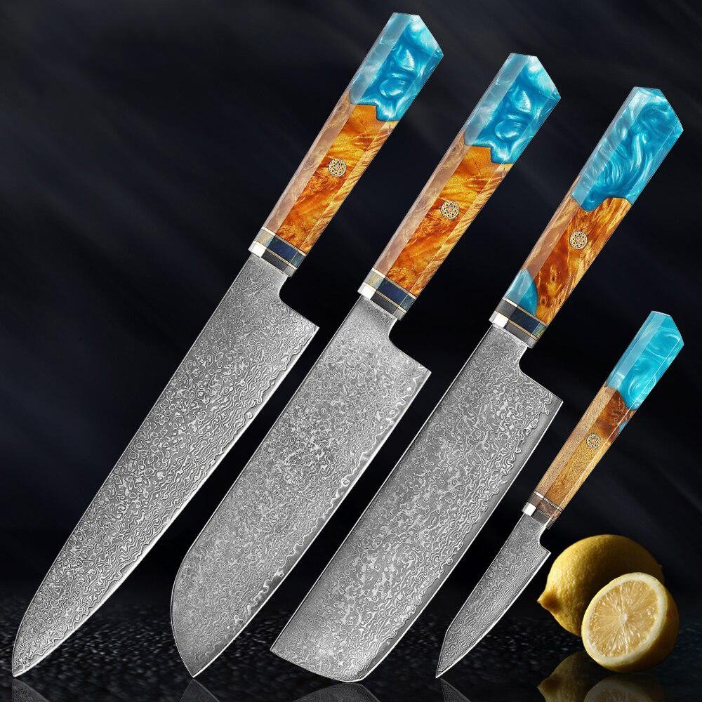 سكاكين ماكيتو دمشق الفولاذية بمقبض ملون من الراتنج الأزرق