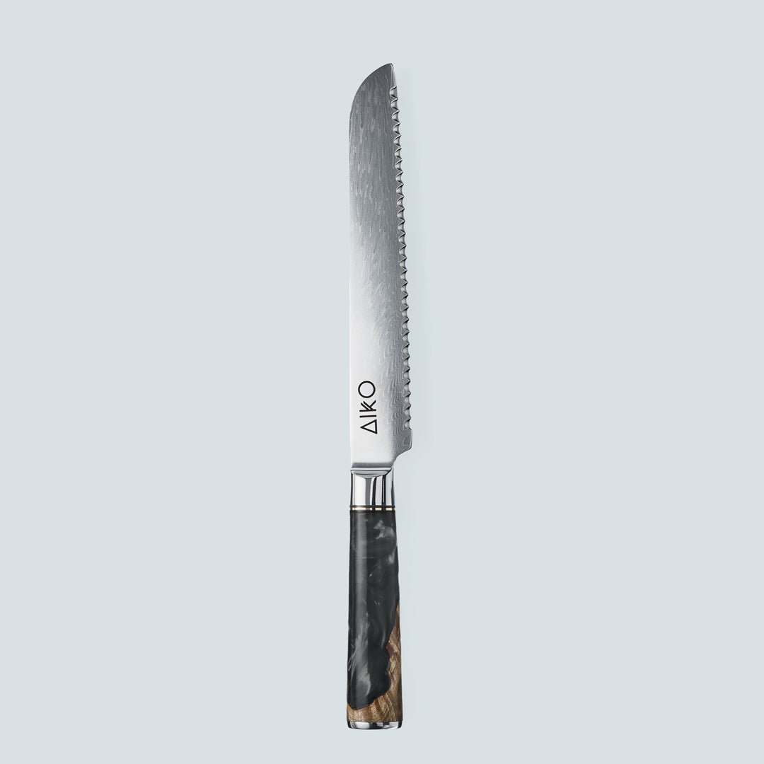 سكين أيكو أسود (あいこ، アイコ) من الفولاذ الدمشقي بمقبض من الراتنج الأسود الملون