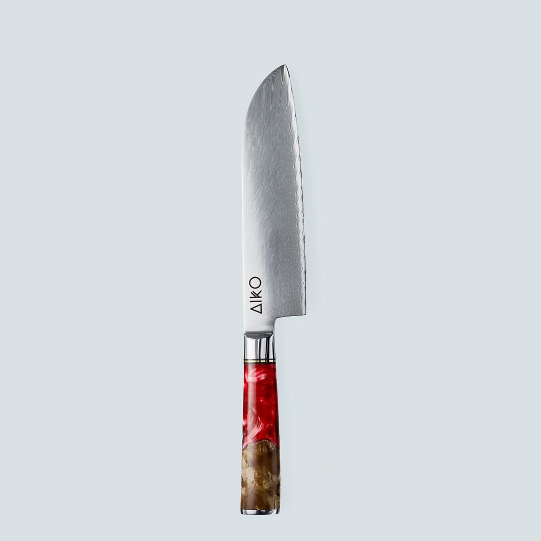 Aiko Red (あいこ, アイコ) سكين من الفولاذ الدمشقي بمقبض من الراتنج الأحمر الملون