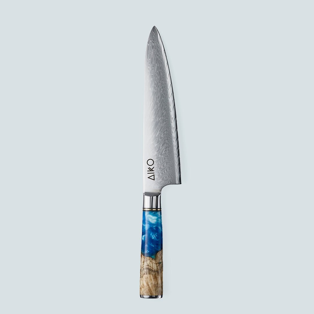 Aiko Blue (あいこ, アイコ) سكين من الفولاذ الدمشقي بمقبض من الراتنج الأزرق الملون