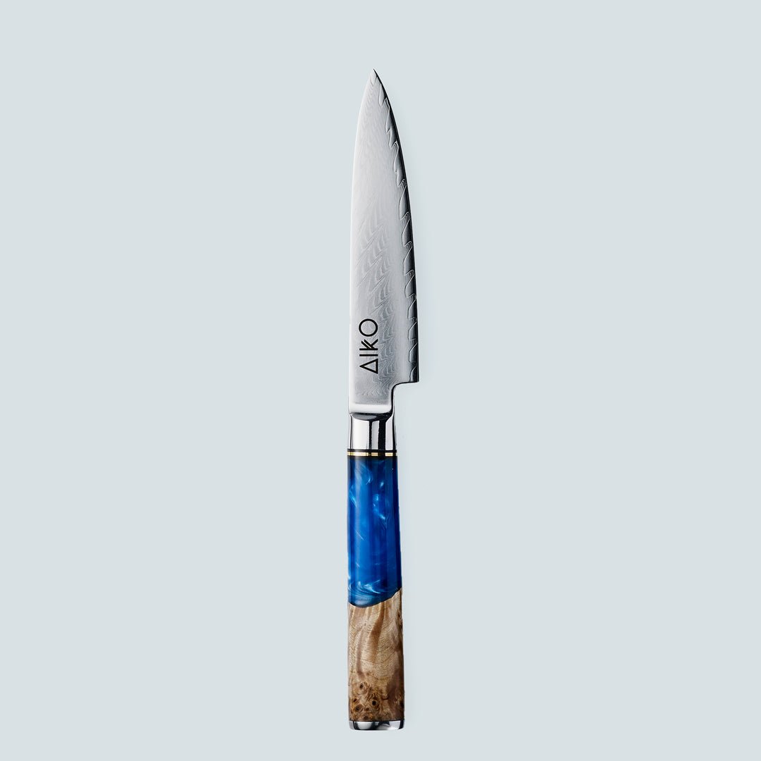 Aiko Blue (あいこ, アイコ) سكين من الفولاذ الدمشقي بمقبض من الراتنج الأزرق الملون