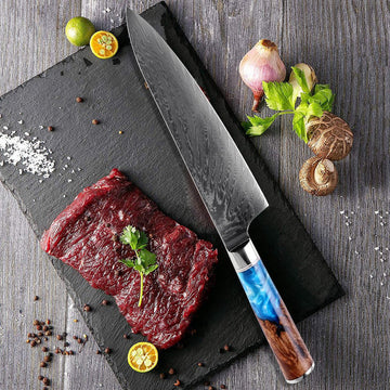 سكين Gyuto (牛刀) دمشق الصلب مع مقبض الراتنج الأزرق الملون