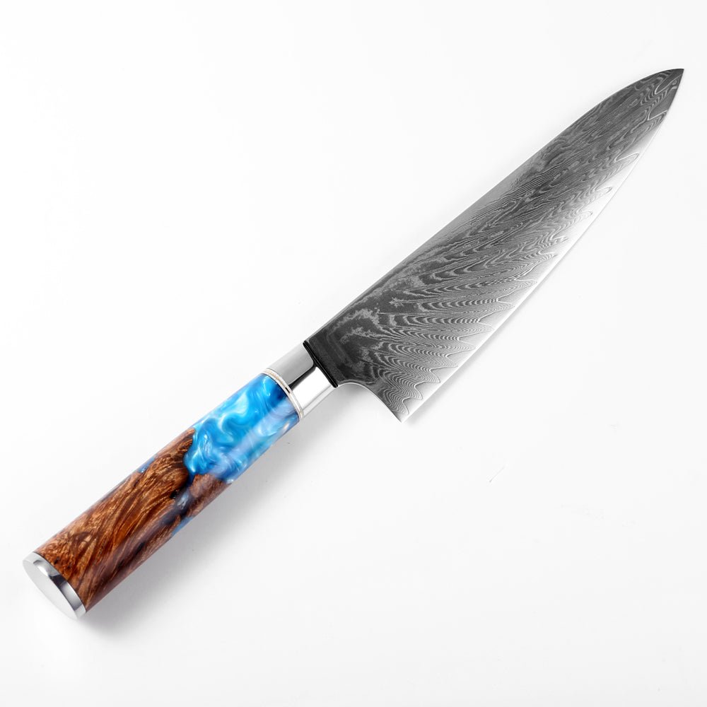 جيوتو (牛刀) سكين فولاذي دمشقي بمقبض من الراتنج الأزرق الملون
